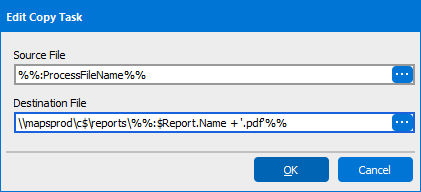 The Edit Copy Task dialog box containing the completed Destination File name.